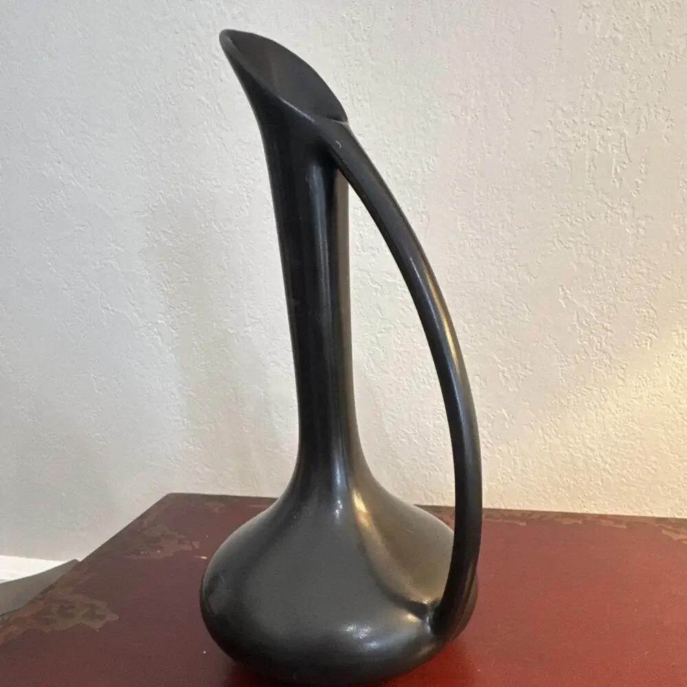 Vintage Mid-Century Van Briggle Art Pottery Ewer Vase - Satin Raven Black Glaze.